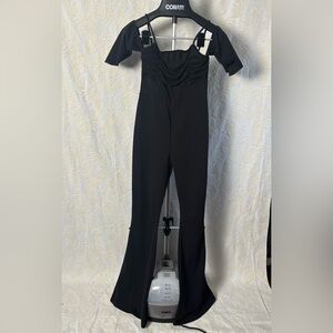 PrettyLittleThing Black Ruched Romper Flared Bottoms